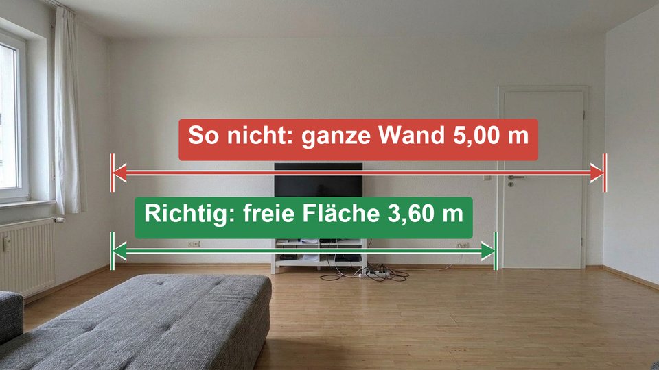 Exemple : en rouge le mur entier avec la porte, à éviter ; en vert uniquement l’espace libre jusqu’à la porte, correct
