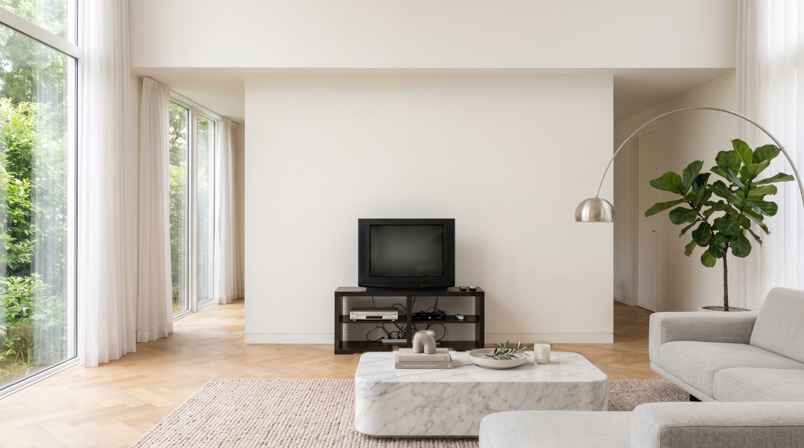 Woonkamer voor, met een oud tv-meubel